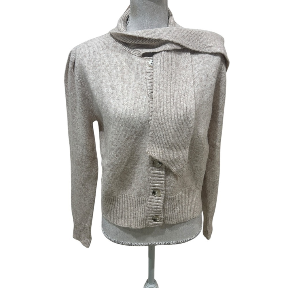 NWT FRNCH Paris perline creme knit button wool Cardigan Scarf puff sleeve medium